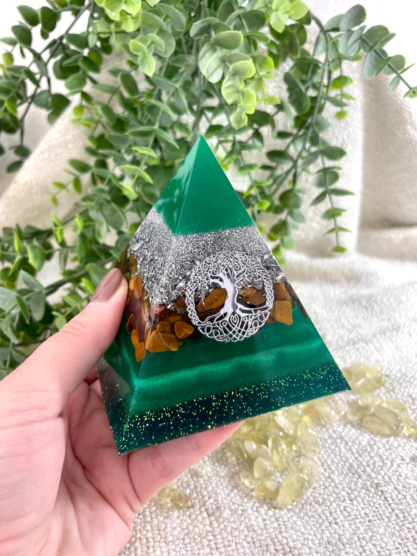 ESMERALDA - Orgonite Pyramid - EMF Protector - Tiger's Eye Crystal and Aluminum Metal