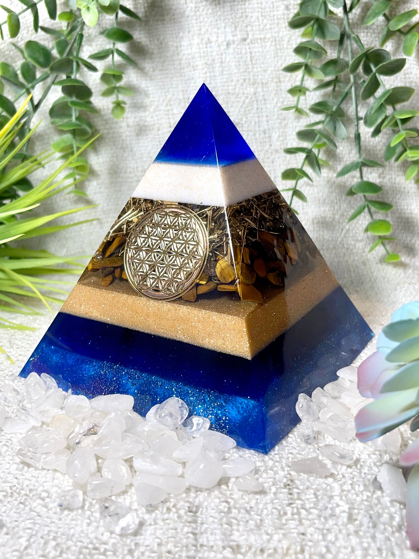 CARMEN - Orgonite Pyramid - EMF Protector - Tiger's Eye Crystal and Brass Metal