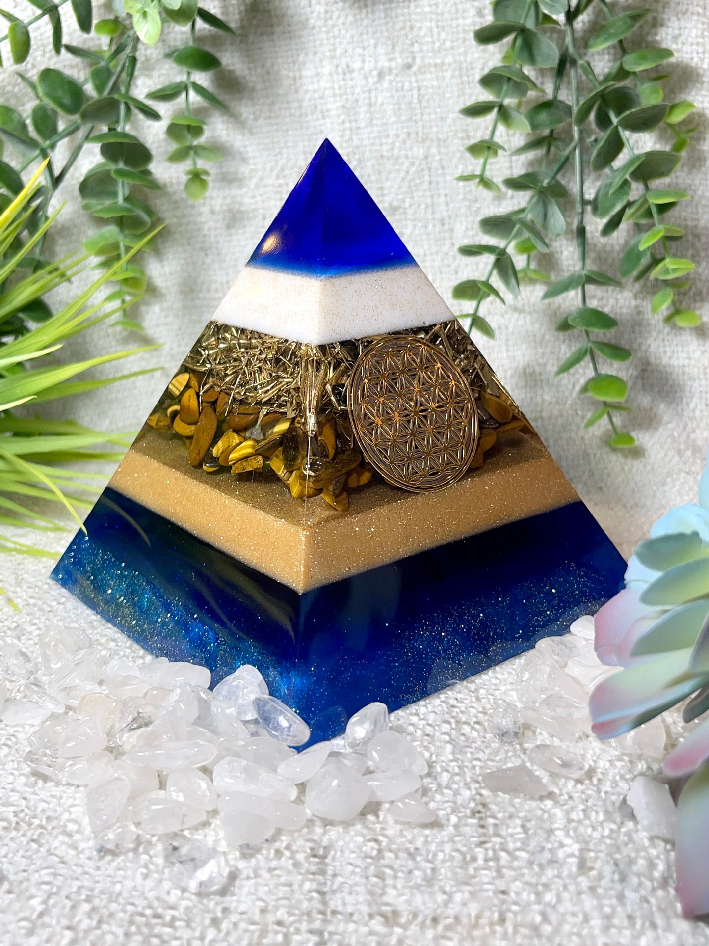 CARMEN - Orgonite Pyramid - EMF Protector - Tiger's Eye Crystal and Brass Metal