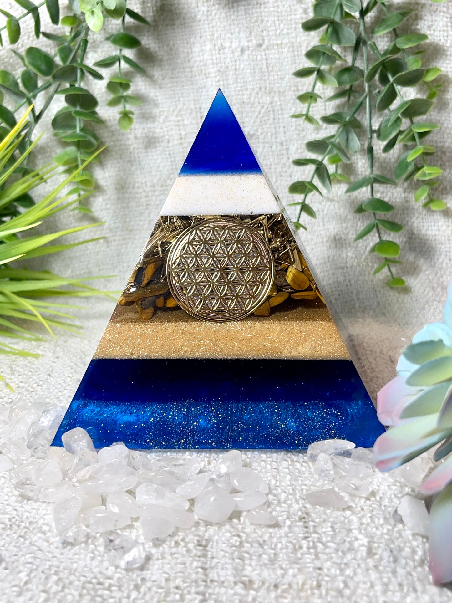 CARMEN - Orgonite Pyramid - EMF Protector - Tiger's Eye Crystal and Brass Metal