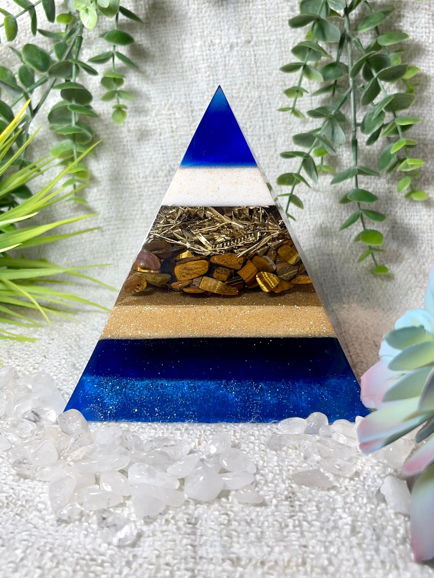 CARMEN - Orgonite Pyramid - EMF Protector - Tiger's Eye Crystal and Brass Metal