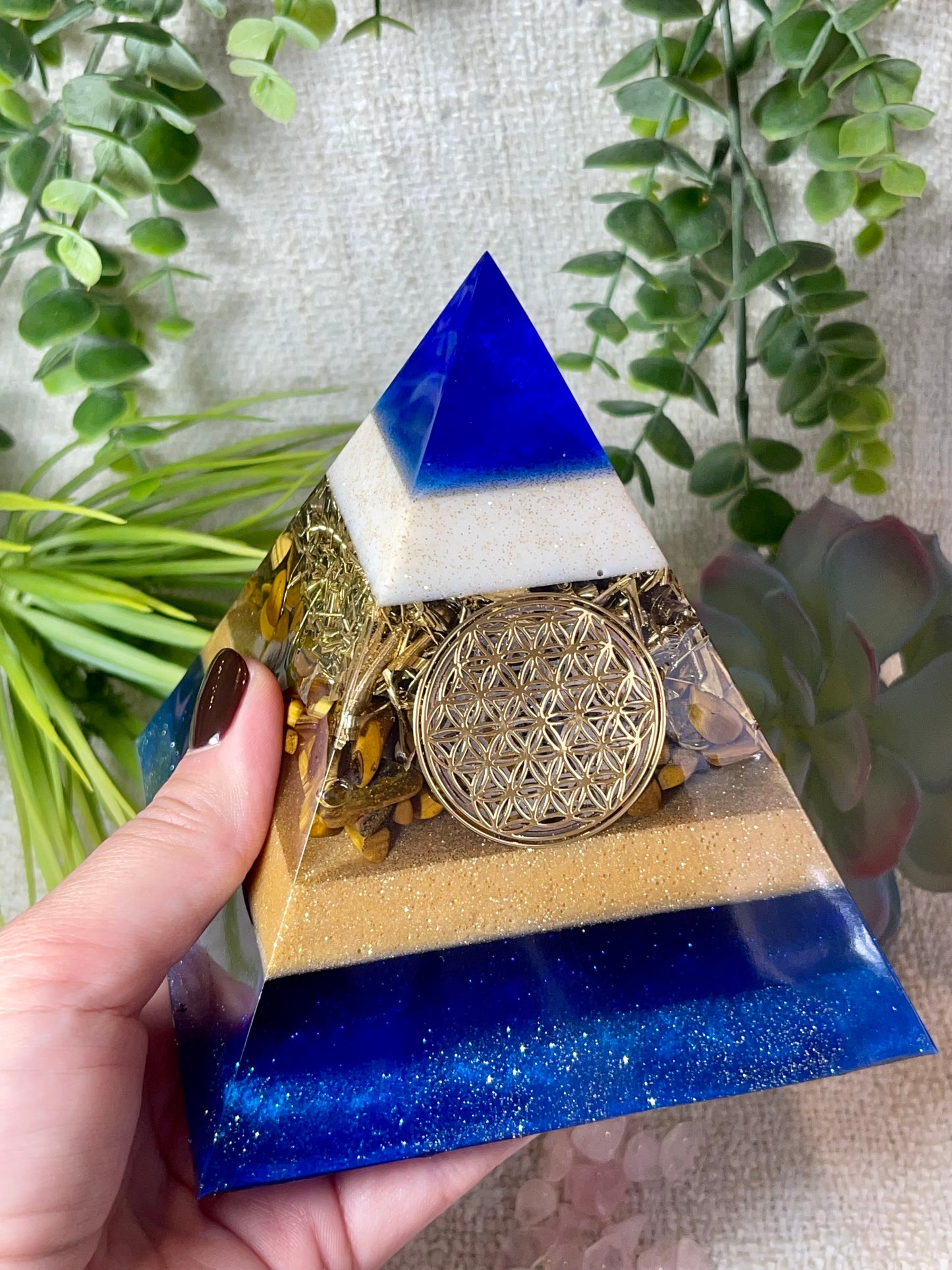 CARMEN - Orgonite Pyramid - EMF Protector - Tiger's Eye Crystal and Brass Metal