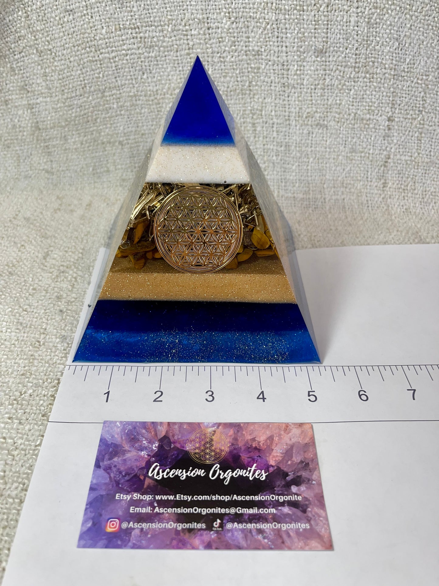 CARMEN - Orgonite Pyramid - EMF Protector - Tiger's Eye Crystal and Brass Metal