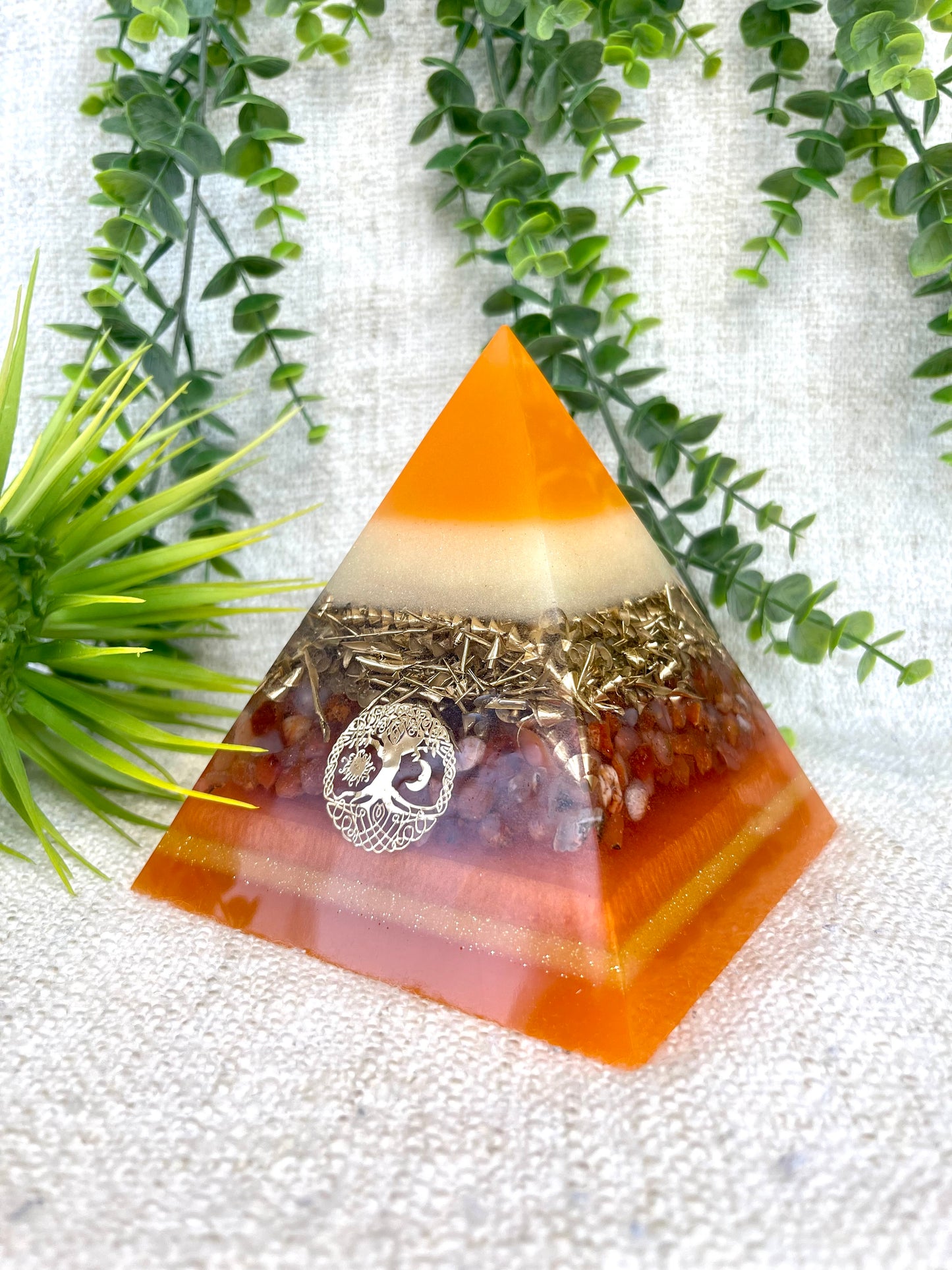 LYDIA- Orgonite Pyramid - EMF Protector - Carnelian Crystal & Brass Metal