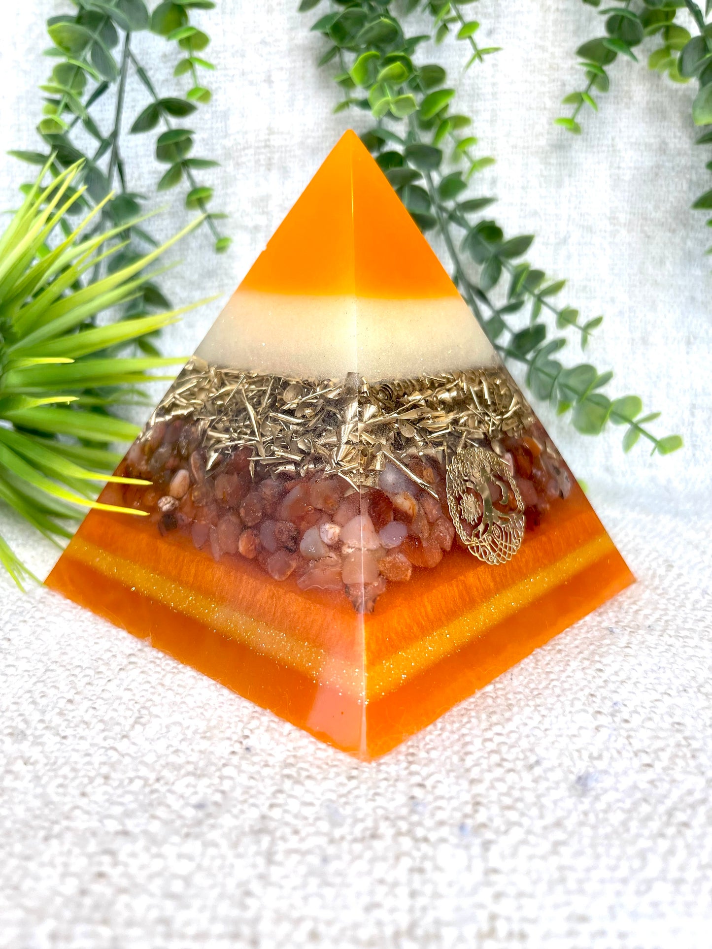 LYDIA- Orgonite Pyramid - EMF Protector - Carnelian Crystal & Brass Metal