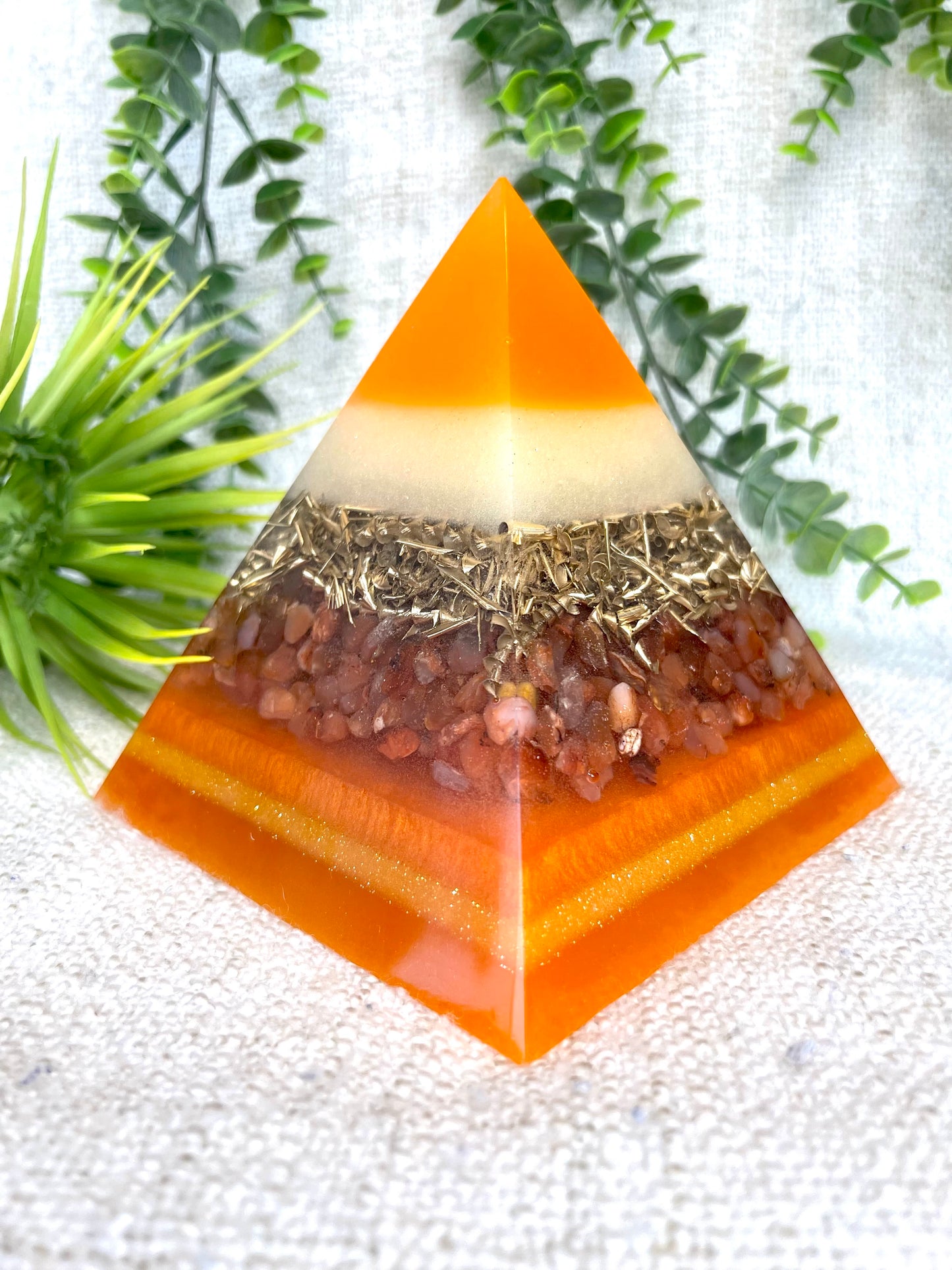 LYDIA- Orgonite Pyramid - EMF Protector - Carnelian Crystal & Brass Metal