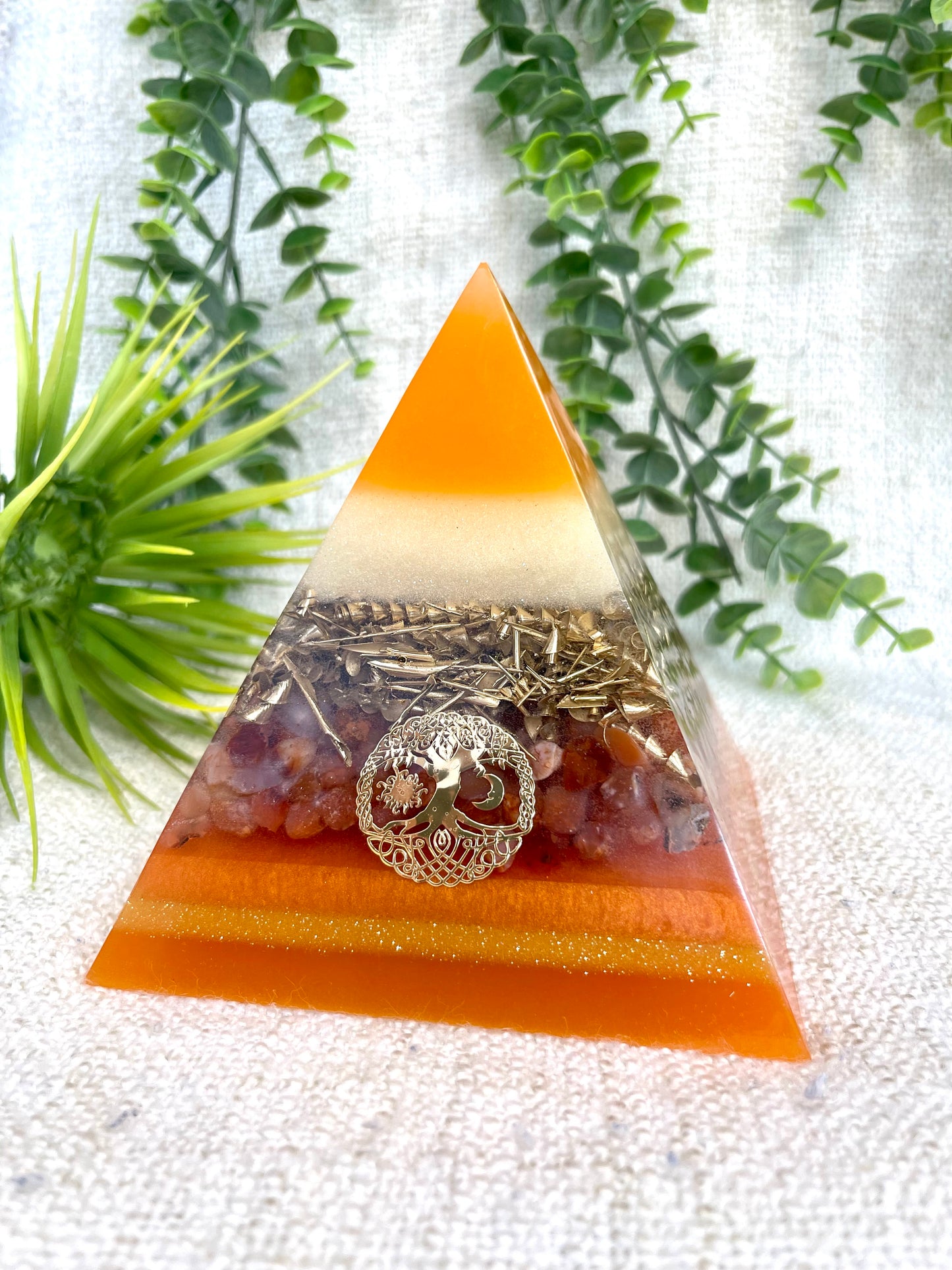 LYDIA- Orgonite Pyramid - EMF Protector - Carnelian Crystal & Brass Metal