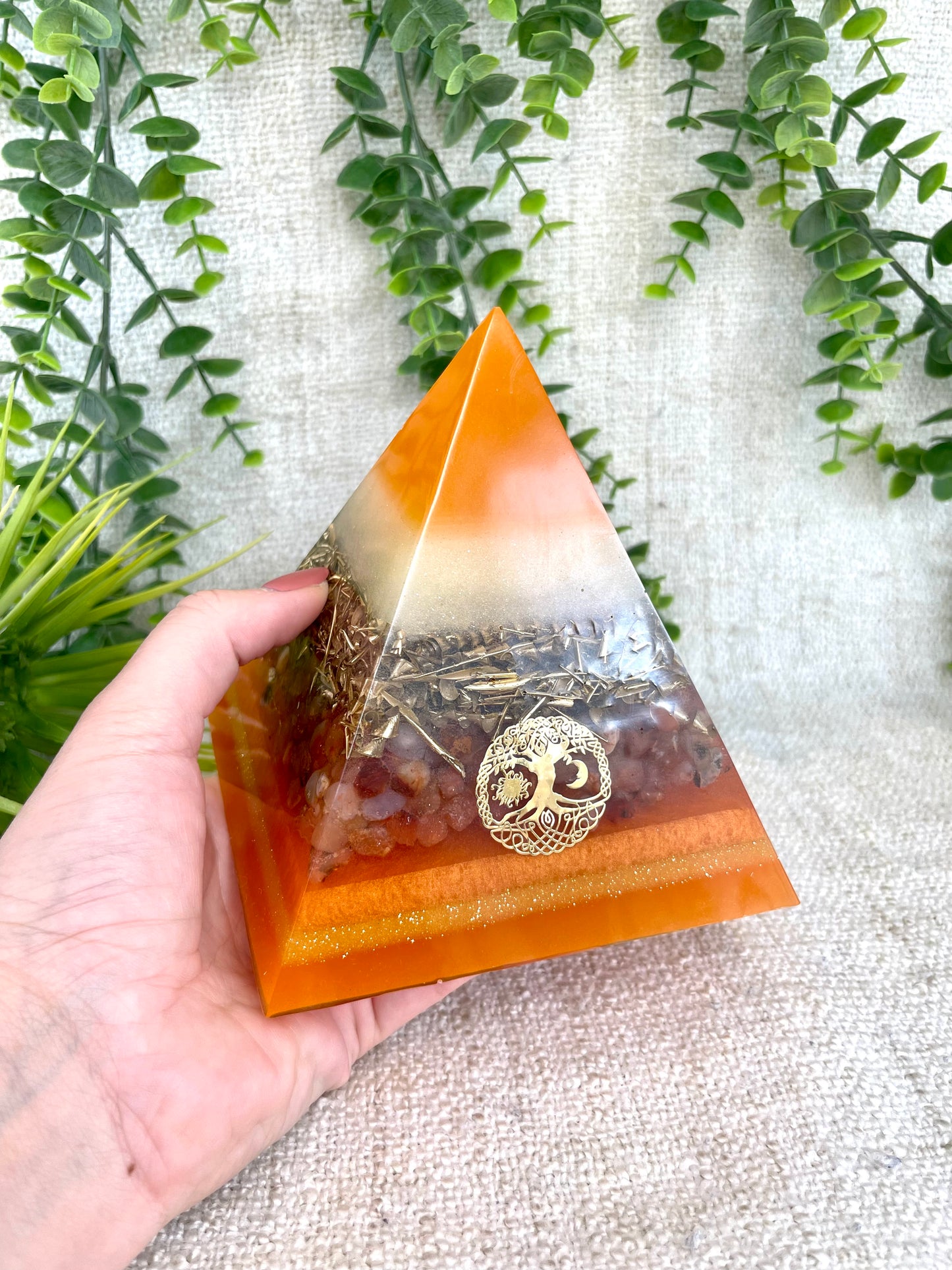 LYDIA- Orgonite Pyramid - EMF Protector - Carnelian Crystal & Brass Metal