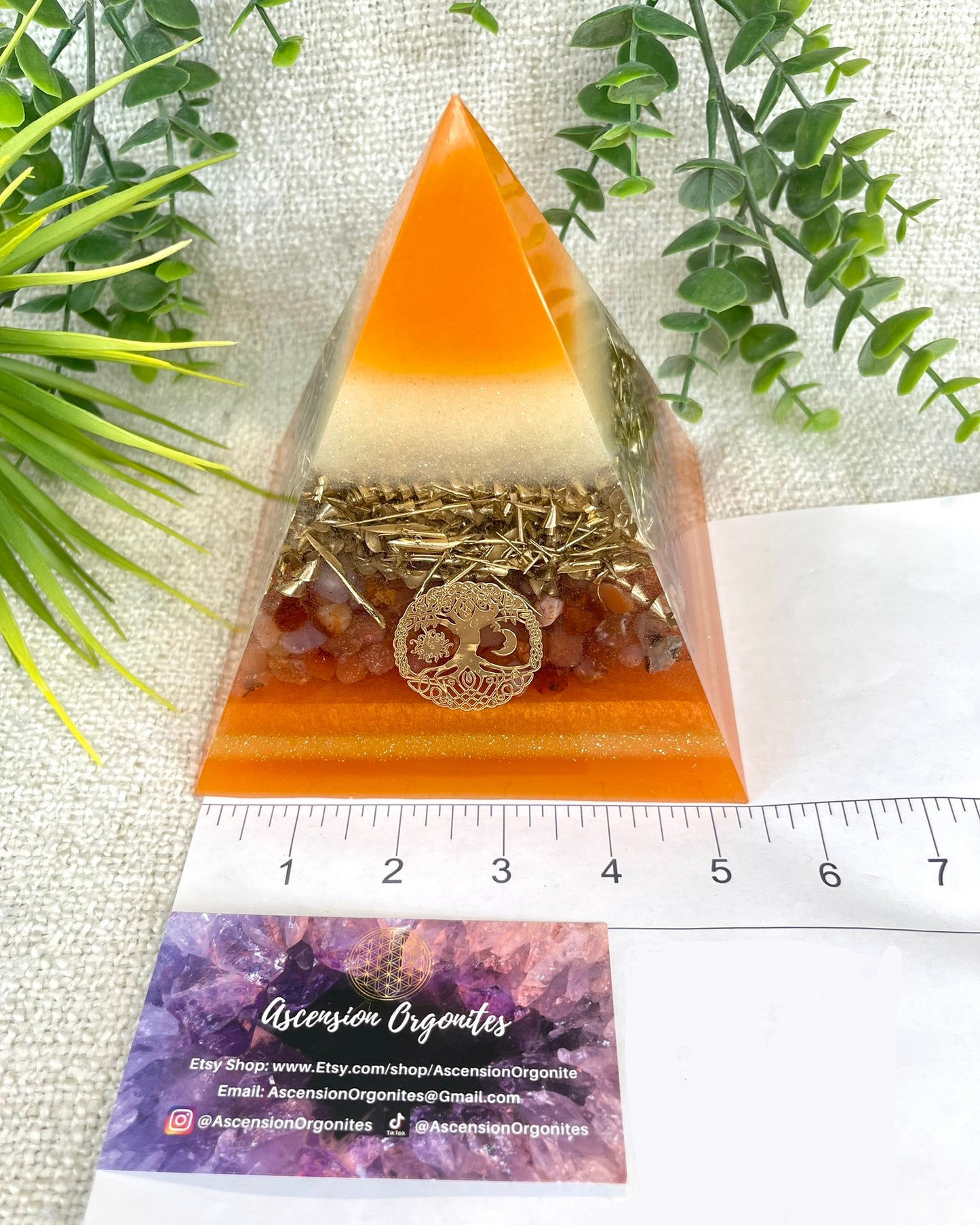 LYDIA- Orgonite Pyramid - EMF Protector - Carnelian Crystal & Brass Metal