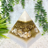 AURORA - Orgonite Pyramid - EMF Protector - White Milky Quartz, Seashell and Brass Metals