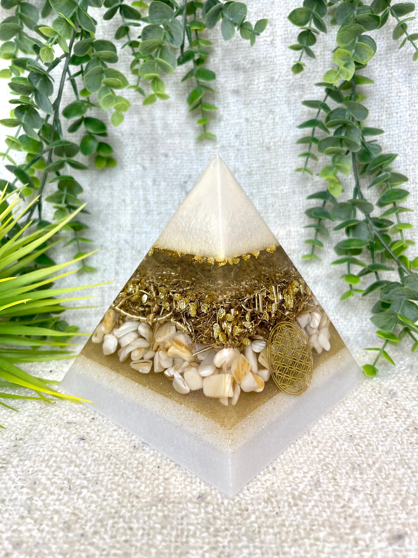 AURORA - Orgonite Pyramid - EMF Protector - White Milky Quartz, Seashell and Brass Metals