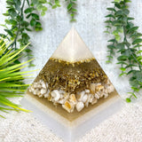 AURORA - Orgonite Pyramid - EMF Protector - White Milky Quartz, Seashell and Brass Metals