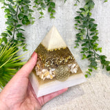 AURORA - Orgonite Pyramid - EMF Protector - White Milky Quartz, Seashell and Brass Metals