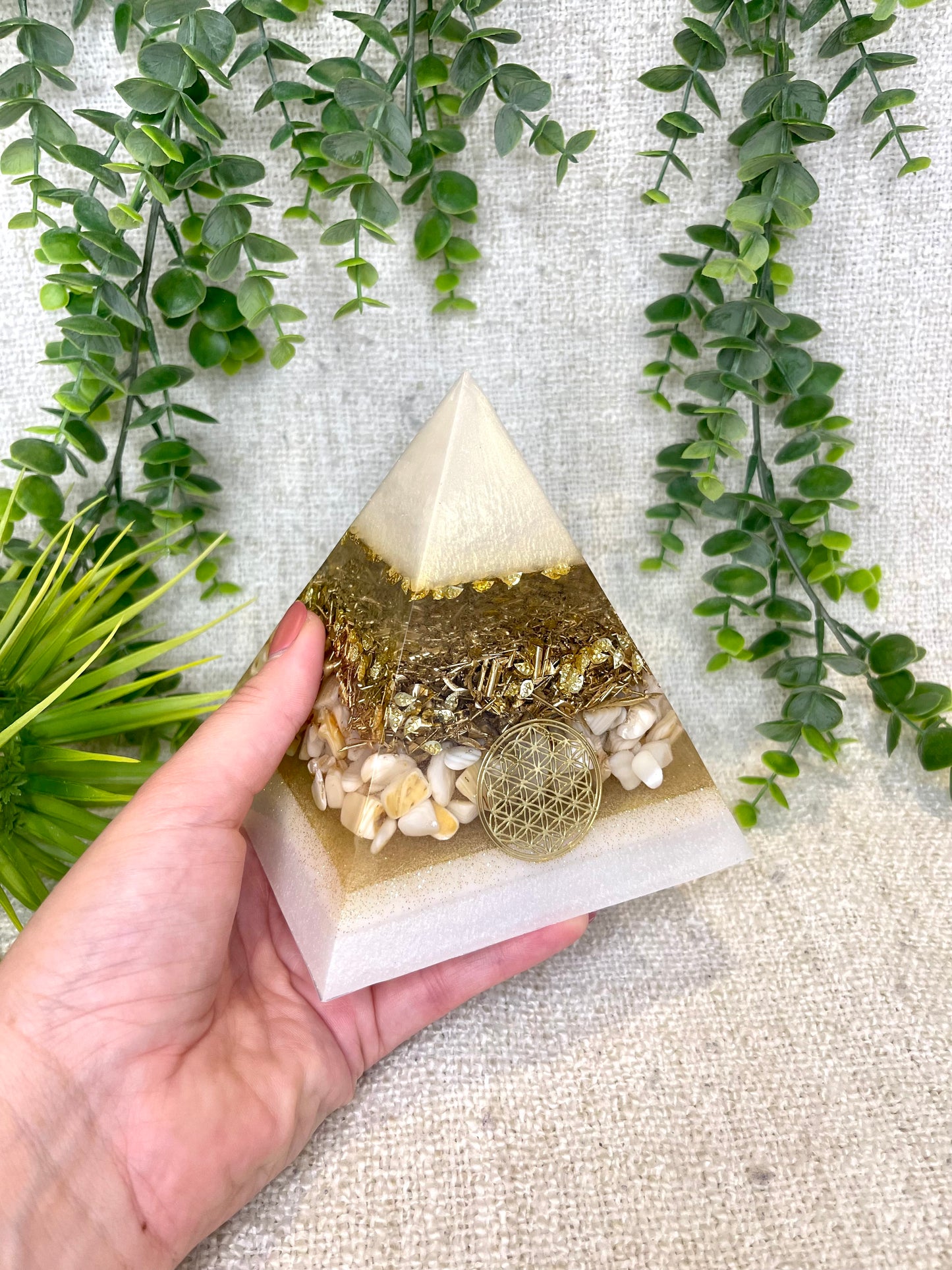 AURORA - Orgonite Pyramid - EMF Protector - White Milky Quartz, Seashell and Brass Metals