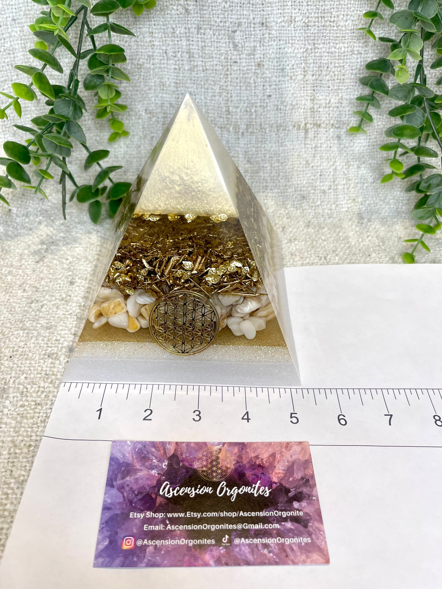 AURORA - Orgonite Pyramid - EMF Protector - White Milky Quartz, Seashell and Brass Metals