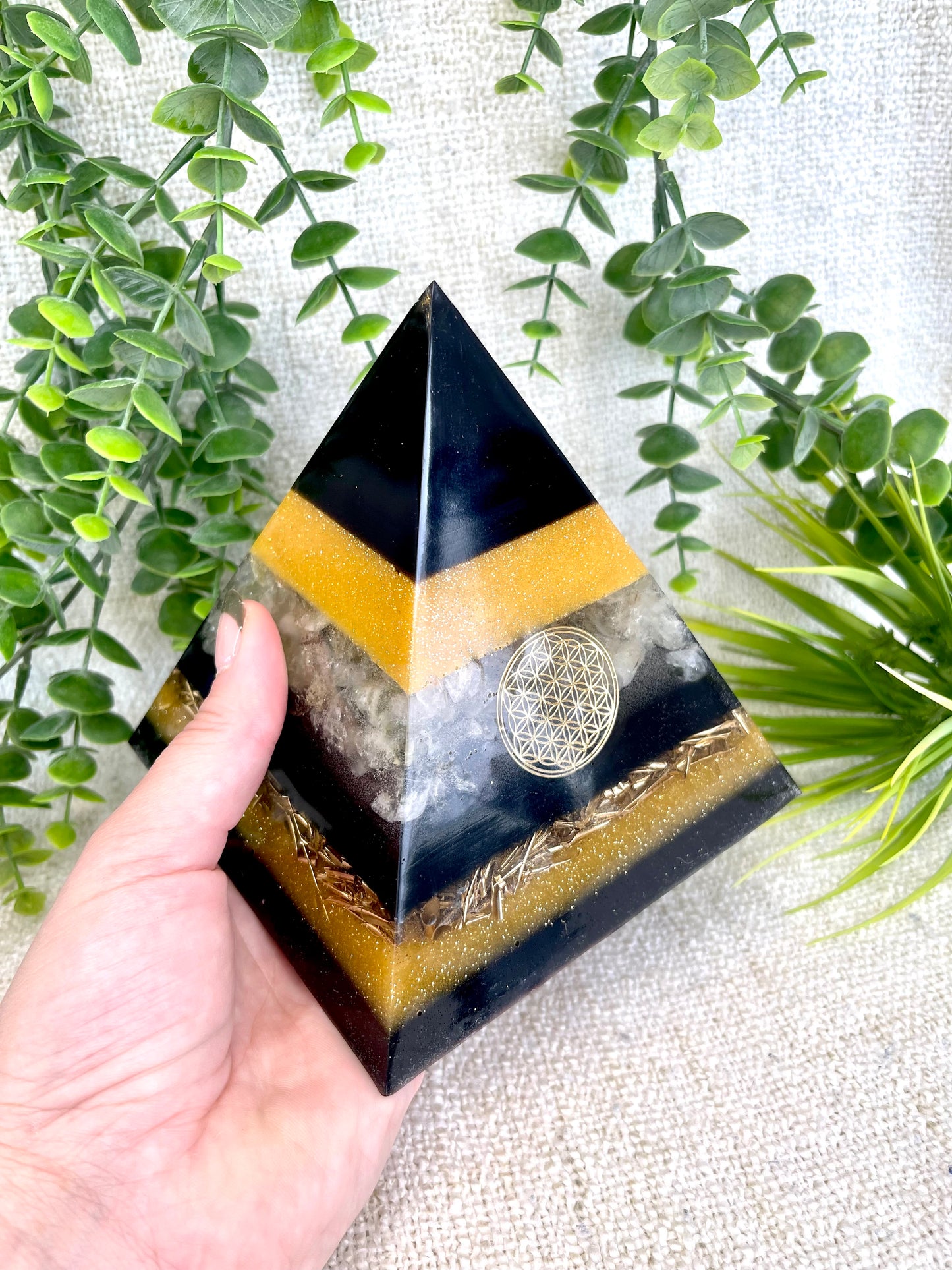 AGATHA - Orgonite Pyramid - EMF Protector - Citrine Crystal and Brass Metal