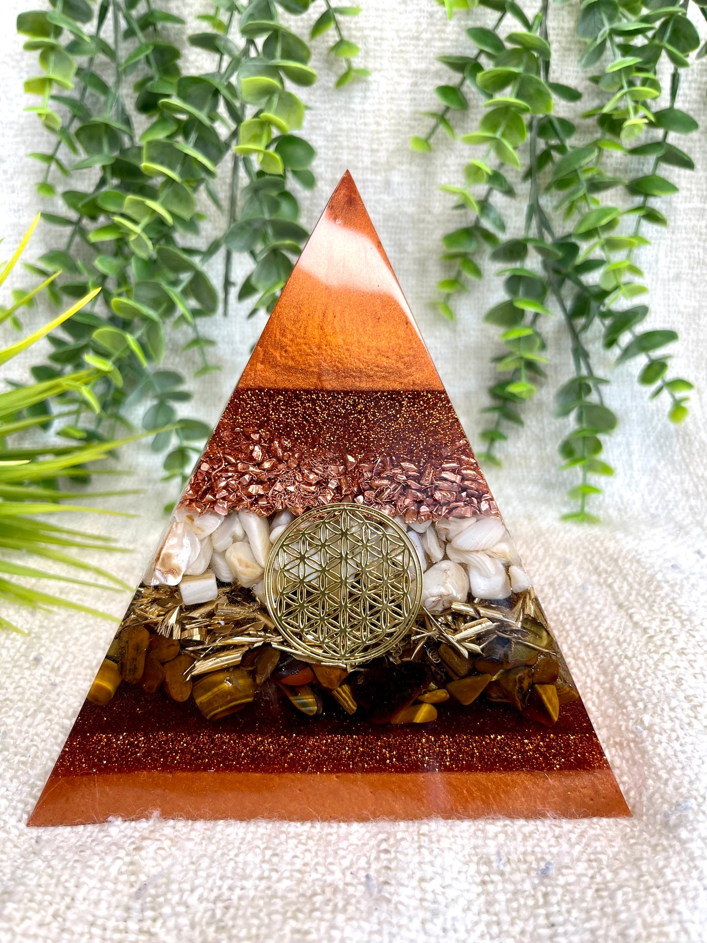 RUTH - Orgonite Pyramid - EMF Protector - Tiger's Eye Crystal, Seashell and Copper and Brass metals