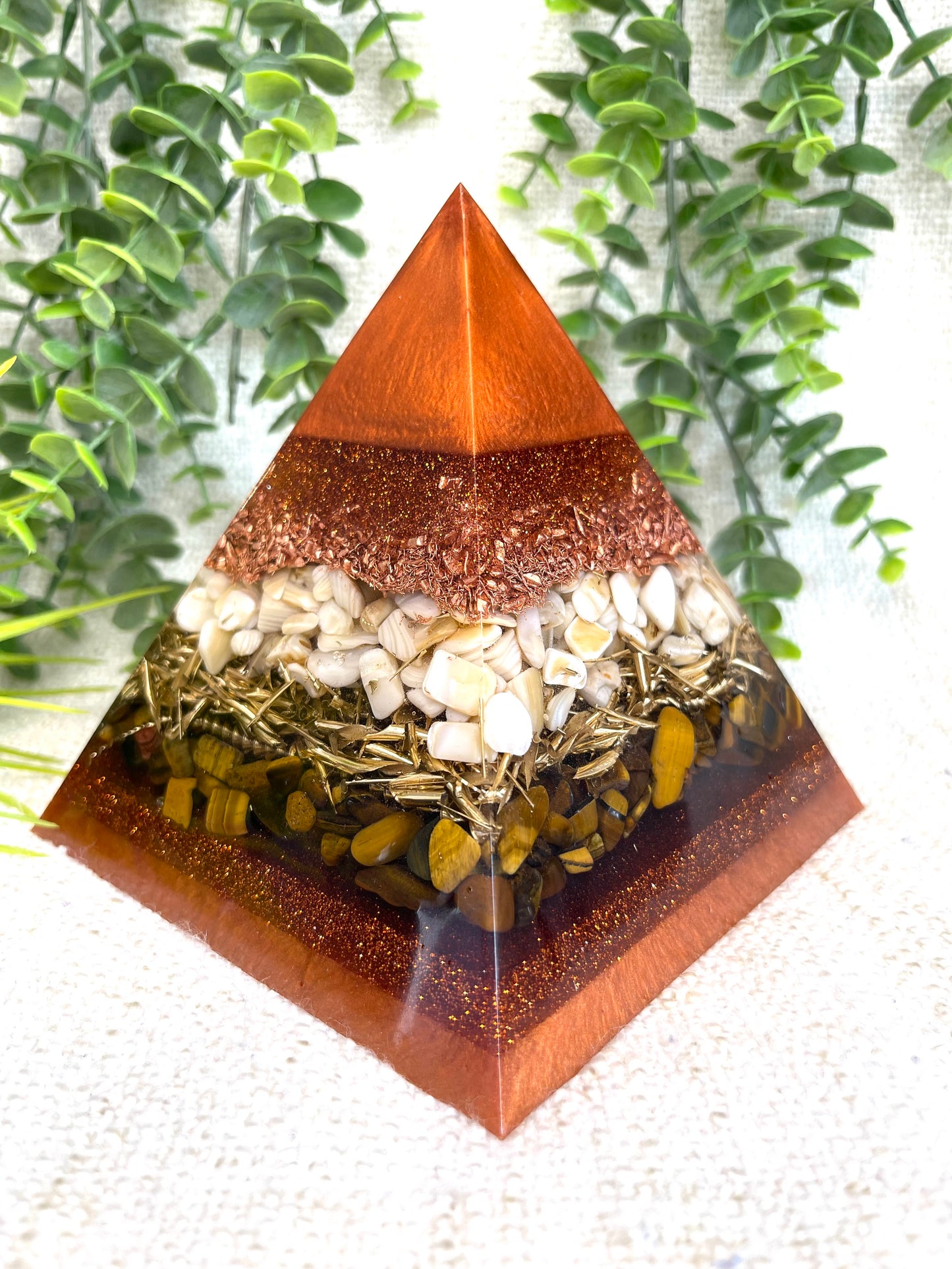 RUTH - Orgonite Pyramid - EMF Protector - Tiger's Eye Crystal, Seashell and Copper and Brass metals