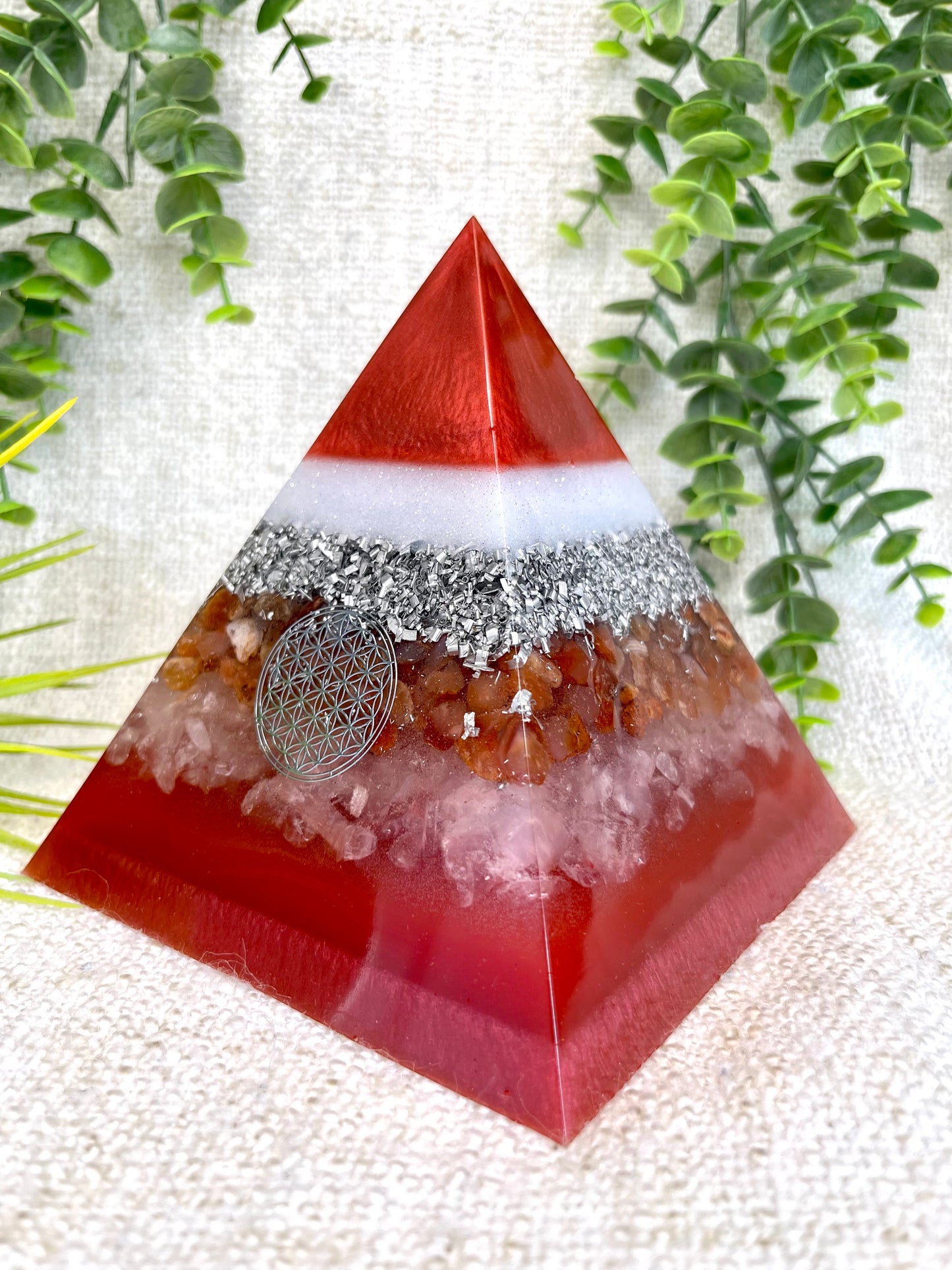 ROSA- Orgonite Pyramid - EMF Protector - Carnelian & White Quartz and Aluminum Metal