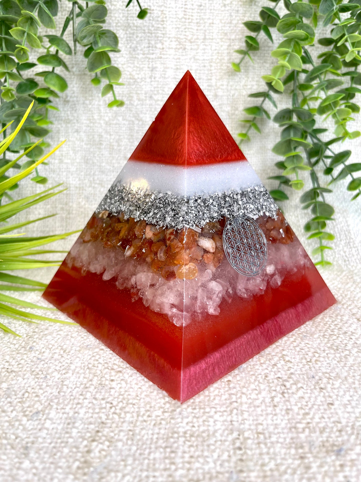 ROSA- Orgonite Pyramid - EMF Protector - Carnelian & White Quartz and Aluminum Metal