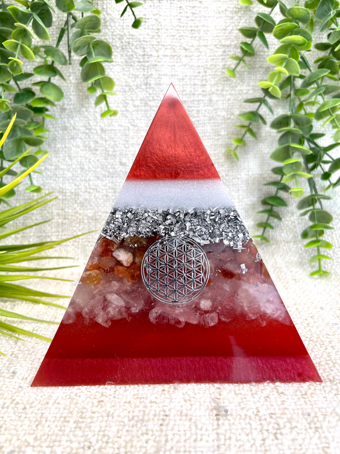 ROSA- Orgonite Pyramid - EMF Protector - Carnelian & White Quartz and Aluminum Metal