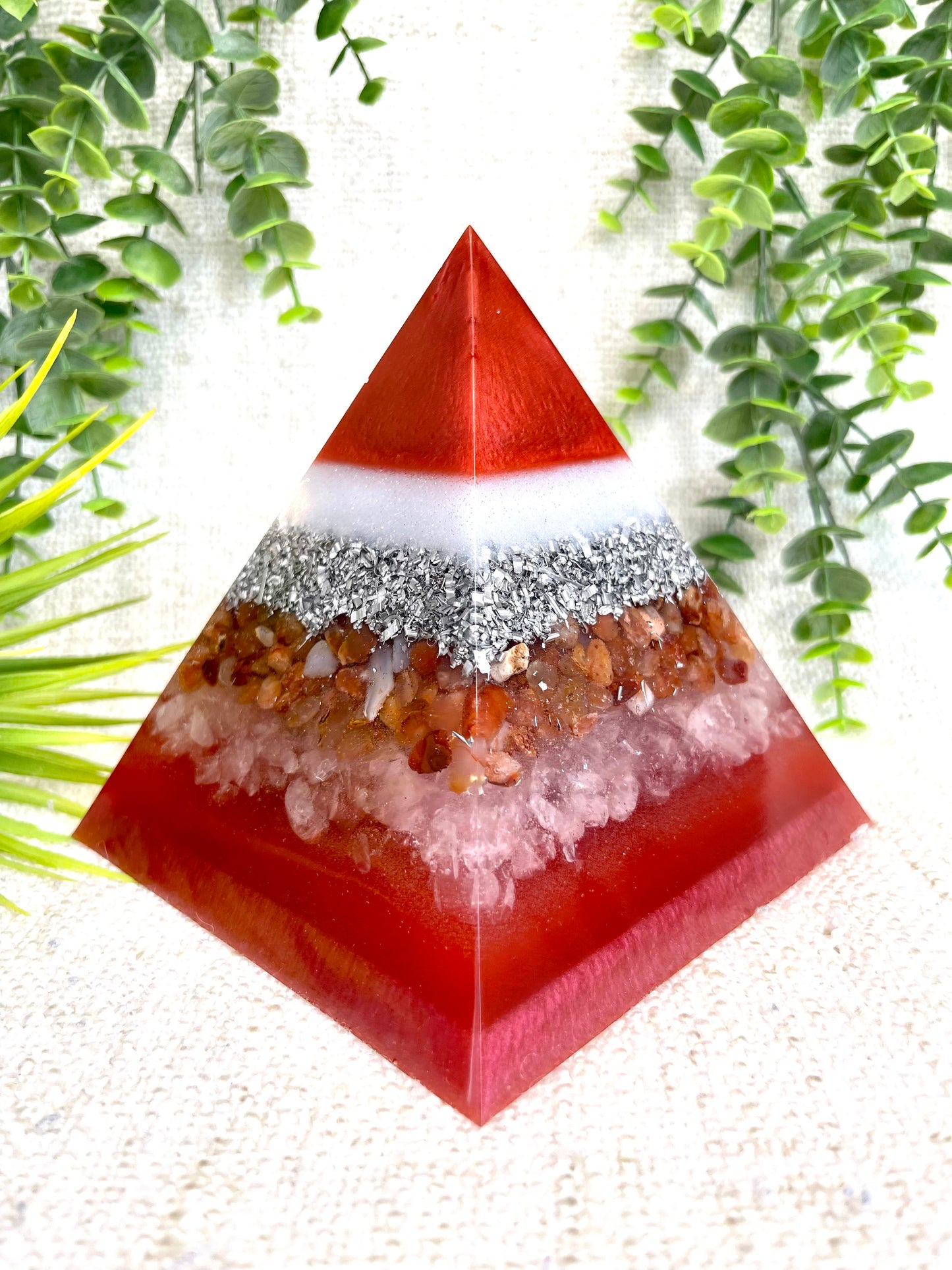 ROSA- Orgonite Pyramid - EMF Protector - Carnelian & White Quartz and Aluminum Metal