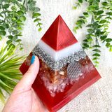 ROSA- Orgonite Pyramid - EMF Protector - Carnelian & White Quartz and Aluminum Metal