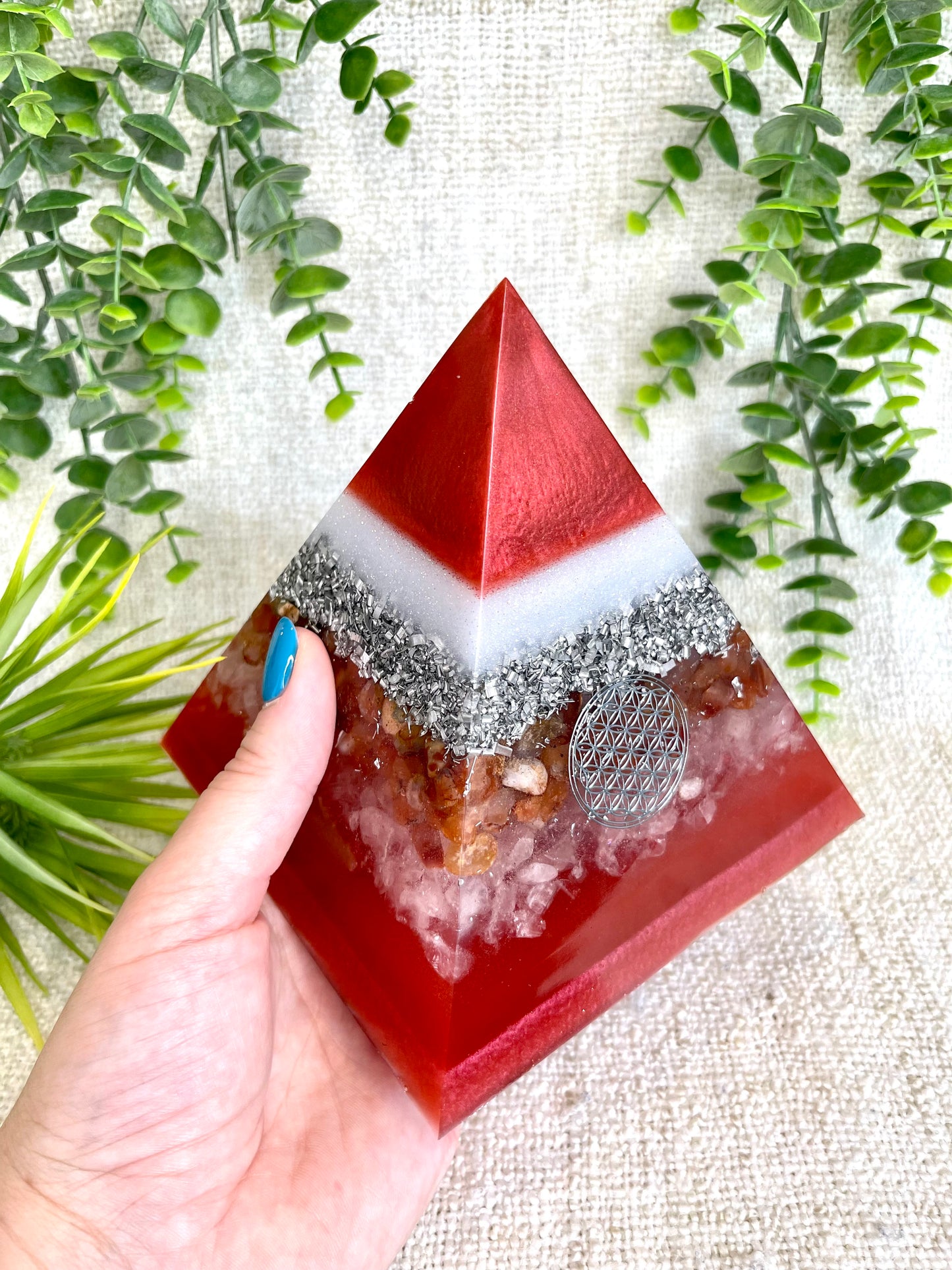 ROSA- Orgonite Pyramid - EMF Protector - Carnelian & White Quartz and Aluminum Metal