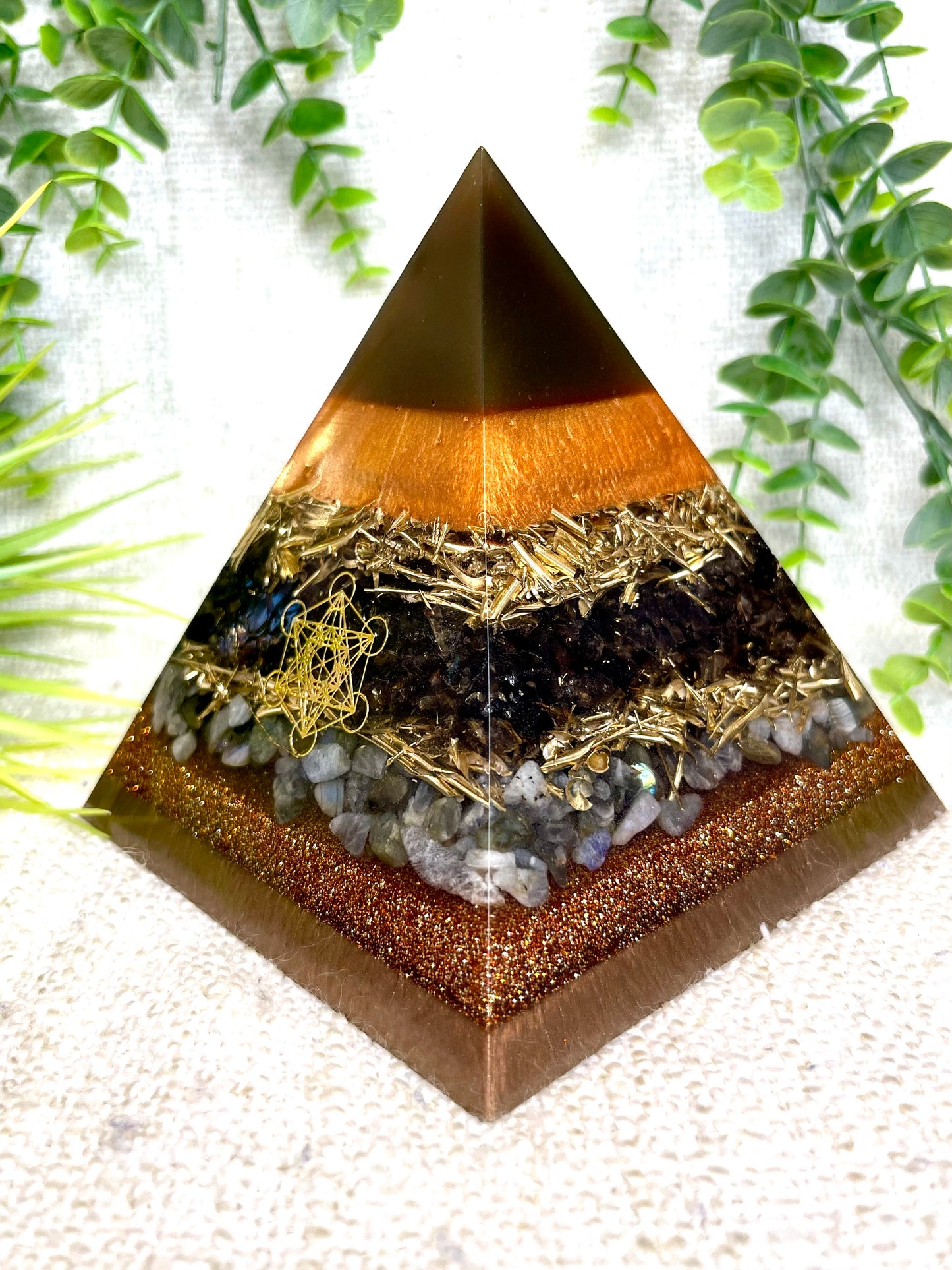 ELIZABETH- Orgonite Pyramid - EMF Protector - Smoky Quartz, Labradorite Quartz and Brass Metals