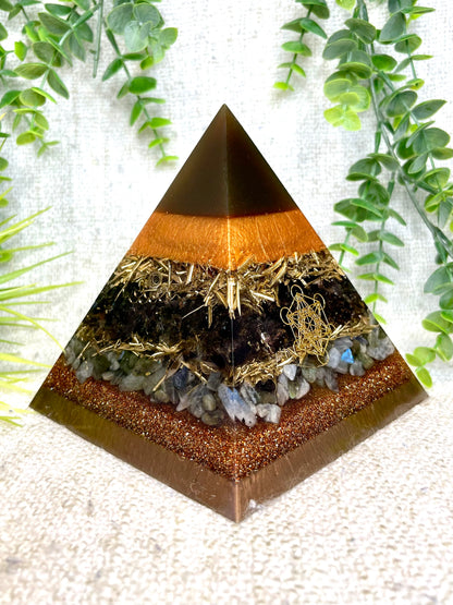 ELIZABETH- Orgonite Pyramid - EMF Protector - Smoky Quartz, Labradorite Quartz and Brass Metals