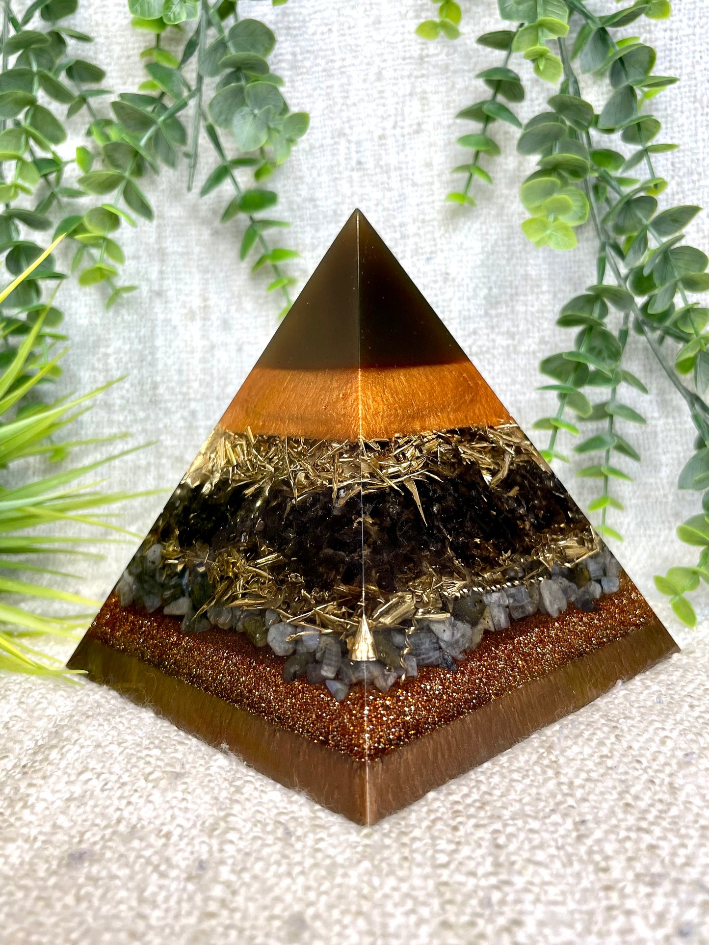 ELIZABETH- Orgonite Pyramid - EMF Protector - Smoky Quartz, Labradorite Quartz and Brass Metals