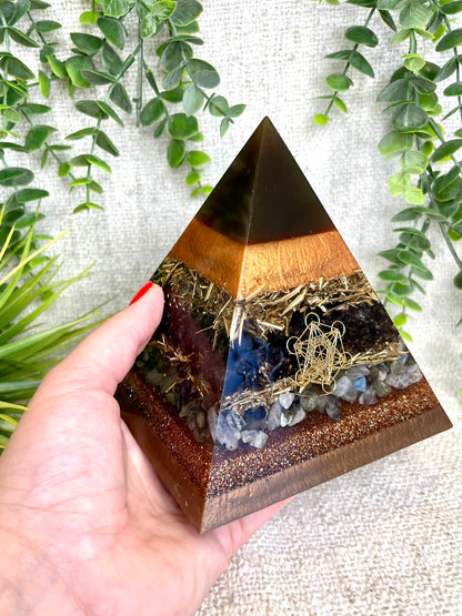 ELIZABETH- Orgonite Pyramid - EMF Protector - Smoky Quartz, Labradorite Quartz and Brass Metals