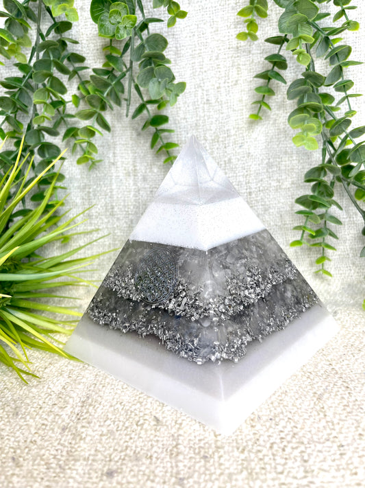 MONICA - Orgonite Pyramid - EMF Protector - White Quartz and Aluminum Metal