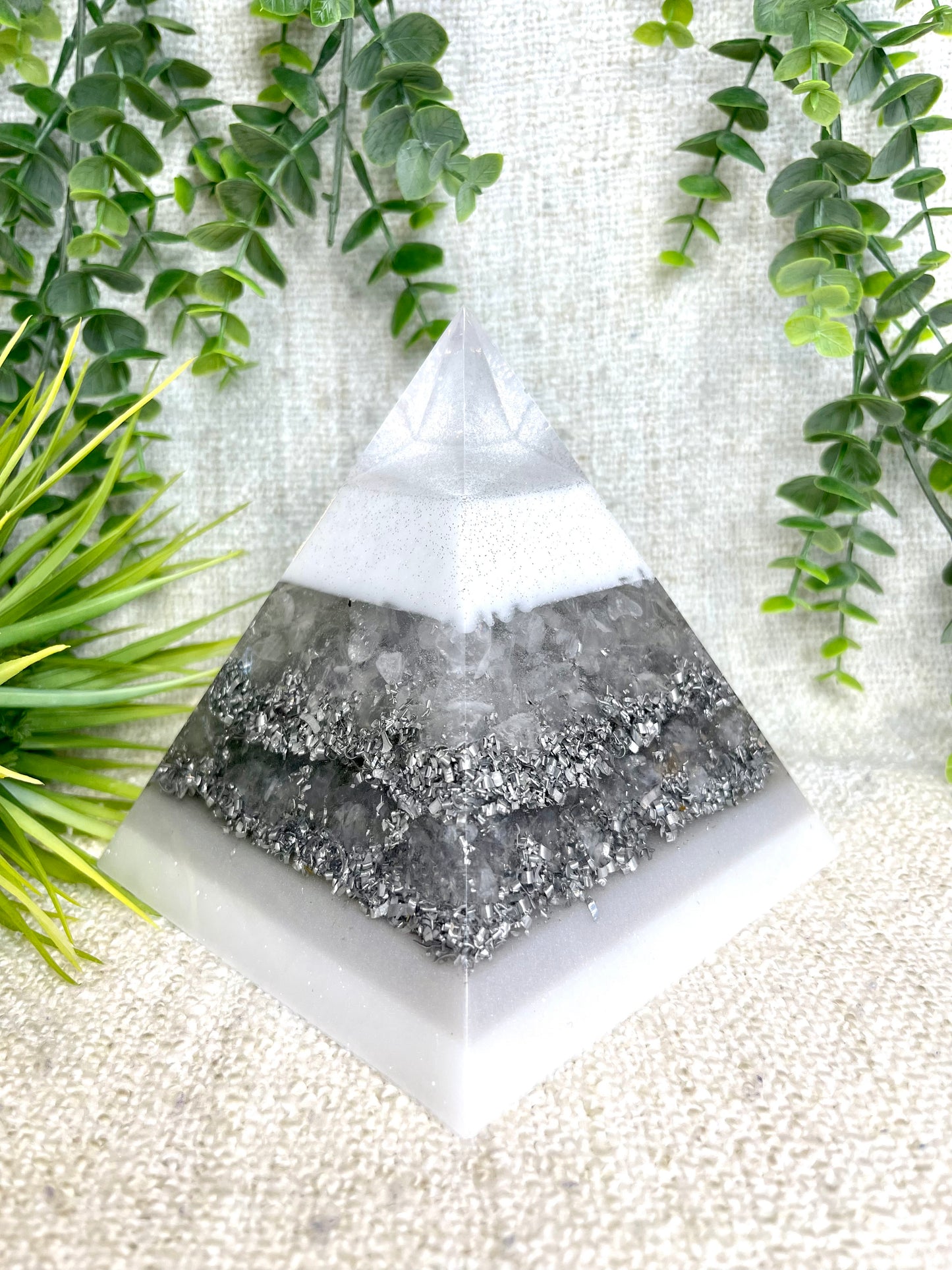 MONICA - Orgonite Pyramid - EMF Protector - White Quartz and Aluminum Metal