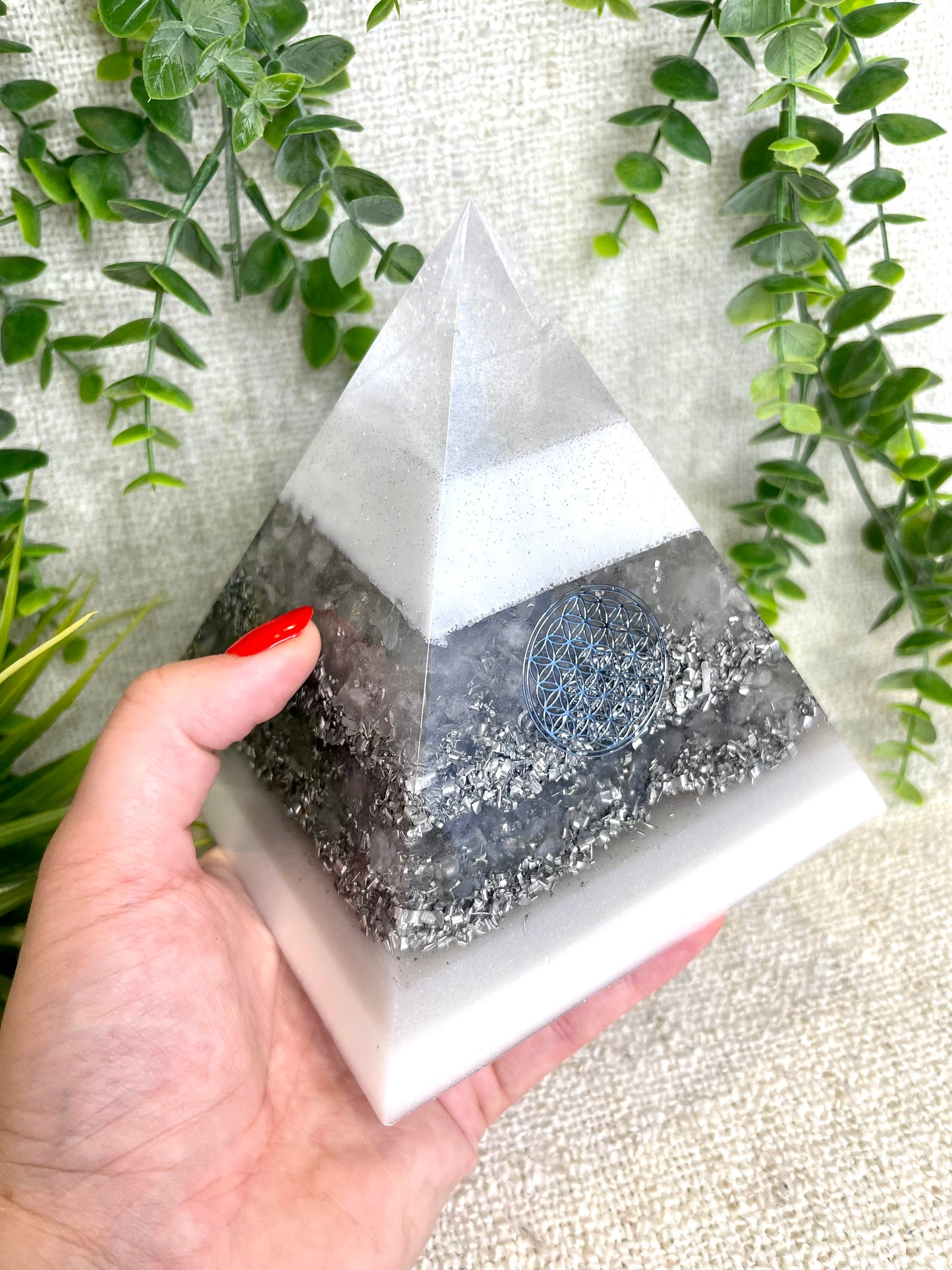 MONICA - Orgonite Pyramid - EMF Protector - White Quartz and Aluminum Metal