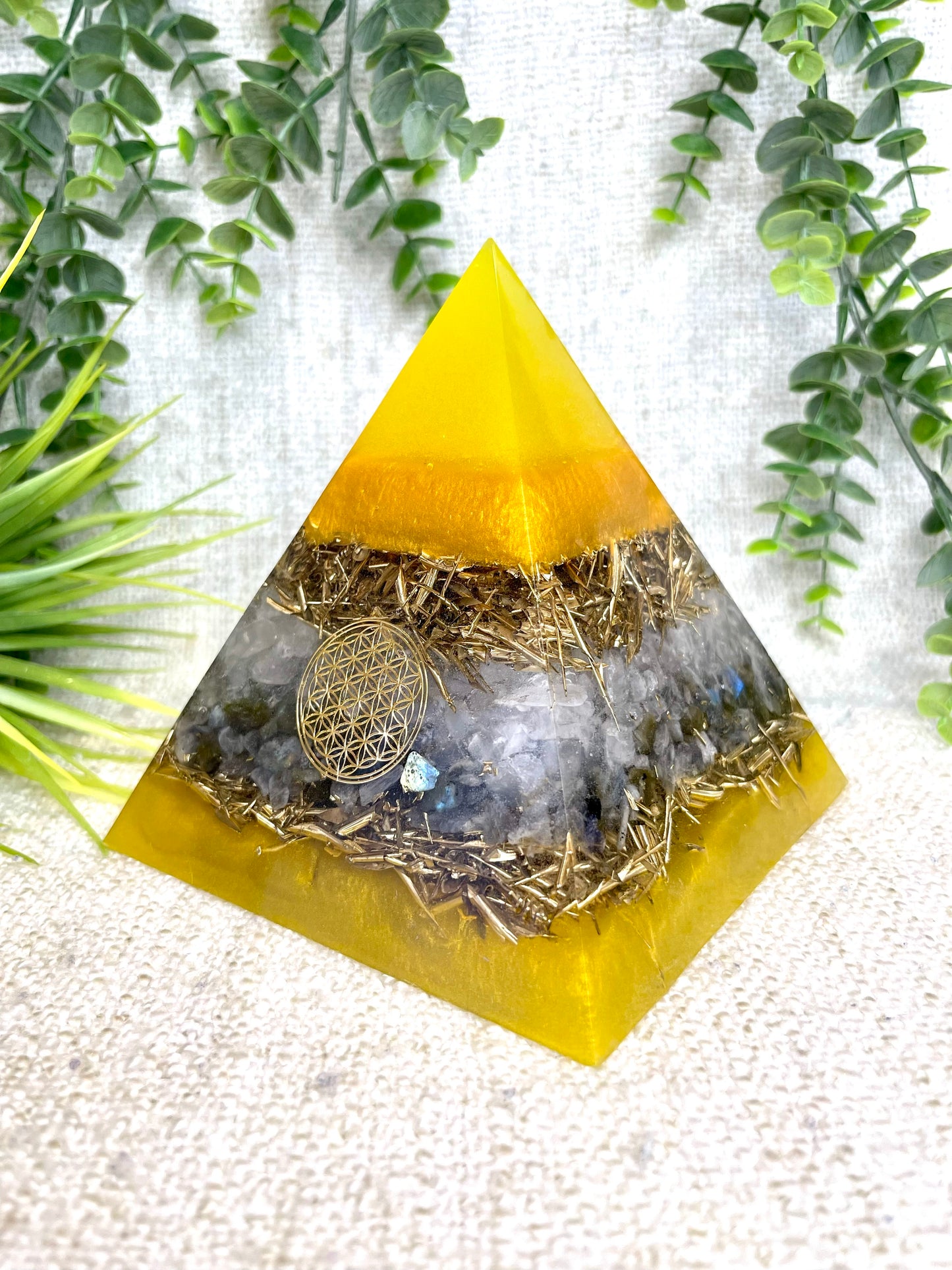 PAOLA- Orgonite Pyramid - EMF Protector - White Quartz, Labradorite Quartz and Brass Metal