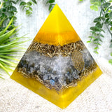 PAOLA- Orgonite Pyramid - EMF Protector - White Quartz, Labradorite Quartz and Brass Metal