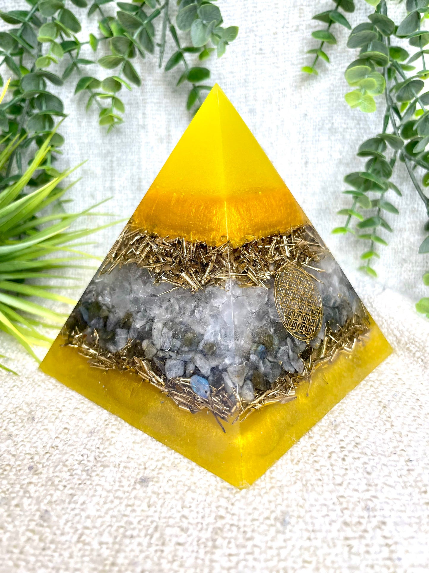 PAOLA- Orgonite Pyramid - EMF Protector - White Quartz, Labradorite Quartz and Brass Metal