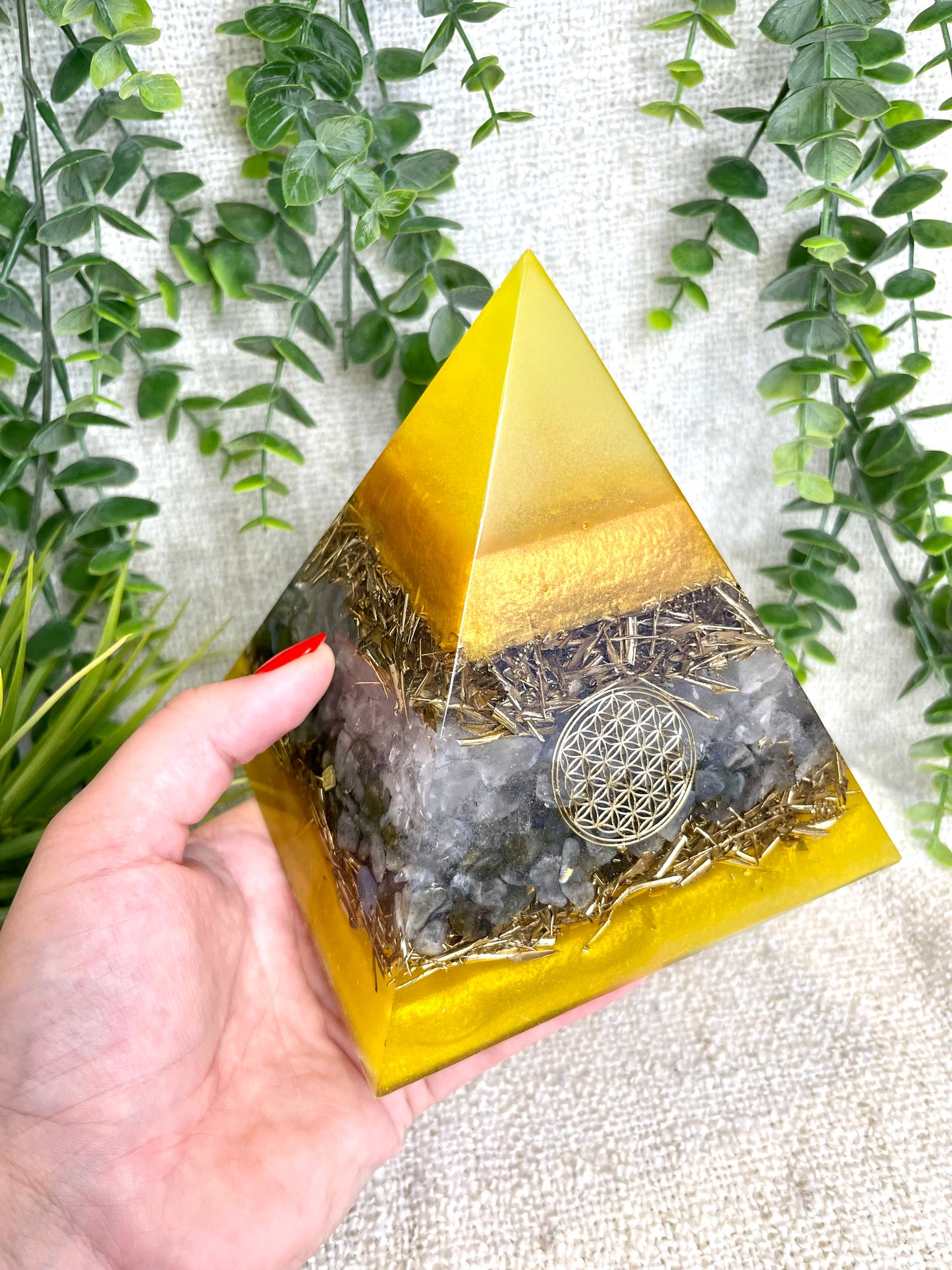 PAOLA- Orgonite Pyramid - EMF Protector - White Quartz, Labradorite Quartz and Brass Metal