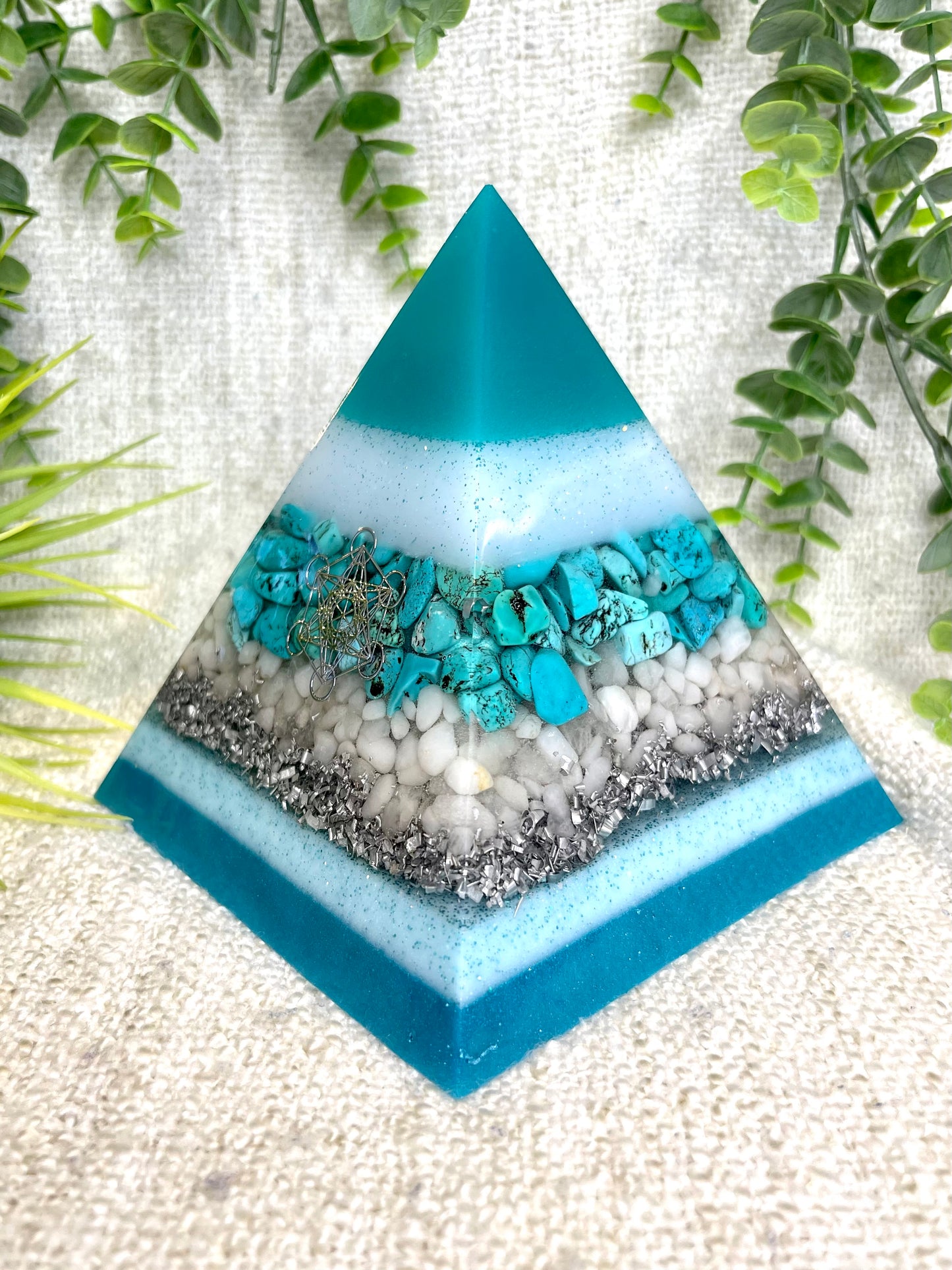 GABRIELA - Orgonite Pyramid - EMF Protector - Turquoise, White Milky Quartz and Aluminum Metals