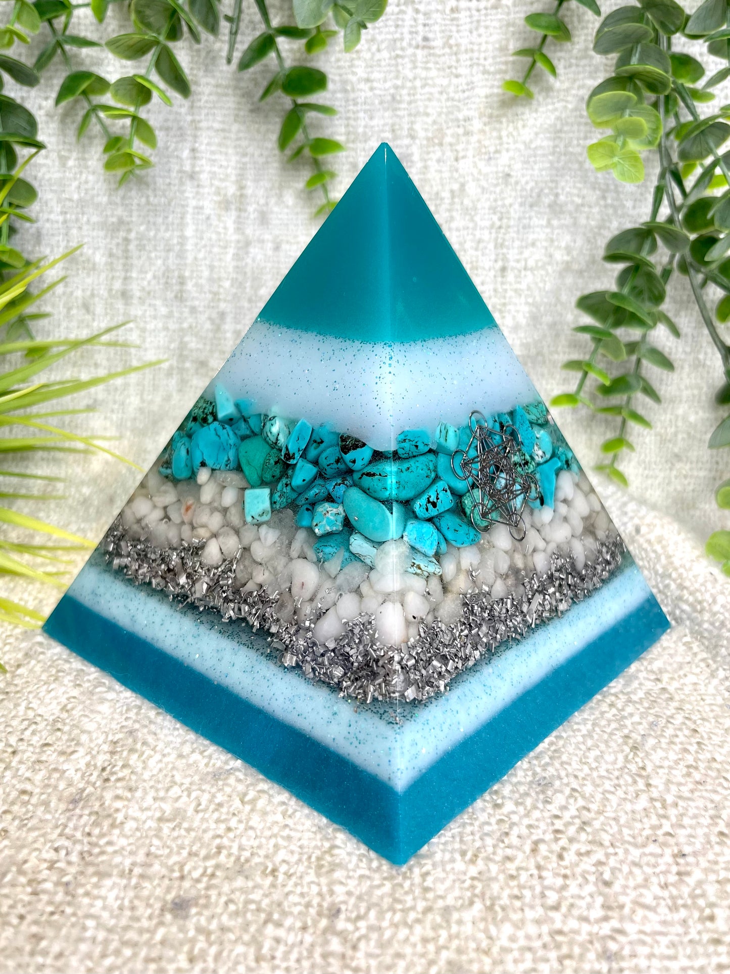 GABRIELA - Orgonite Pyramid - EMF Protector - Turquoise, White Milky Quartz and Aluminum Metals