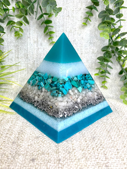 GABRIELA - Orgonite Pyramid - EMF Protector - Turquoise, White Milky Quartz and Aluminum Metals