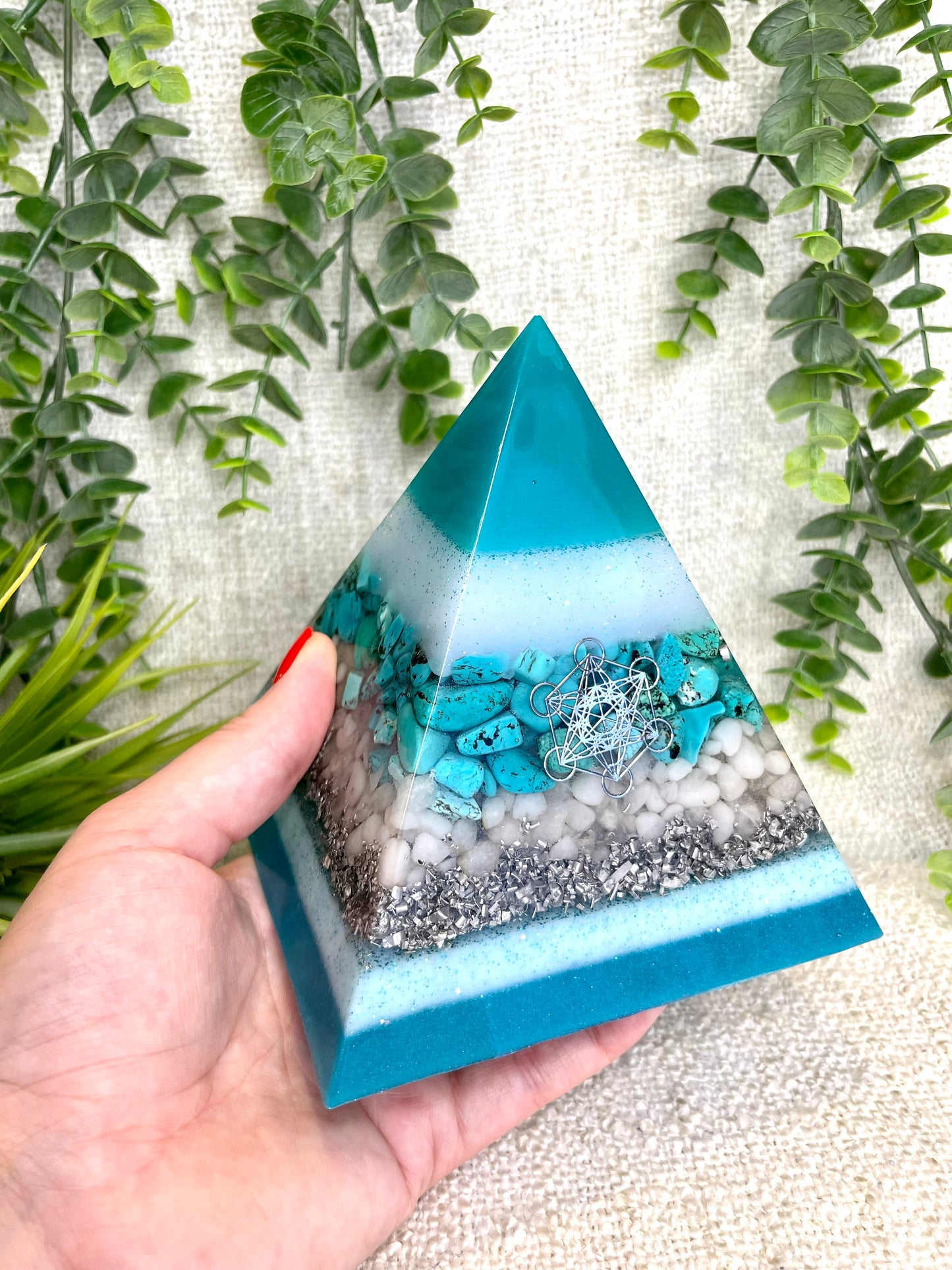 GABRIELA - Orgonite Pyramid - EMF Protector - Turquoise, White Milky Quartz and Aluminum Metals