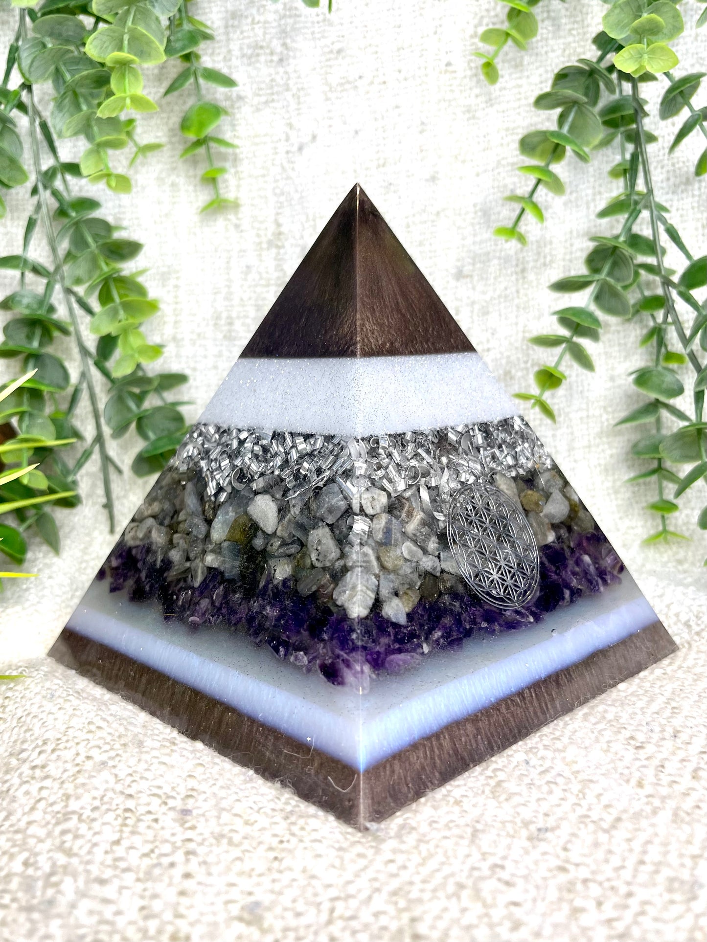 ANDREA - Orgonite Pyramid - EMF Protector - Labradorite Quartz, Amethyst Crystals and Aluminum Metal