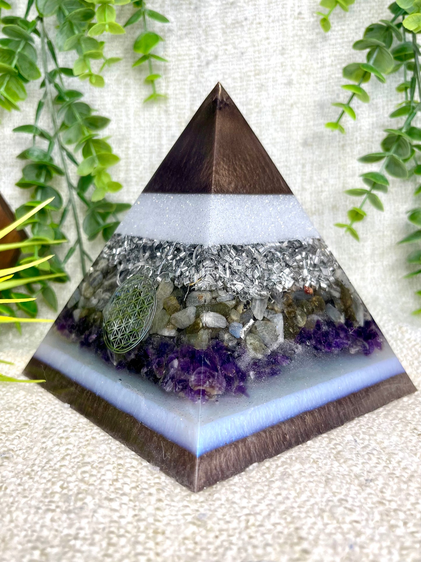 ANDREA - Orgonite Pyramid - EMF Protector - Labradorite Quartz, Amethyst Crystals and Aluminum Metal