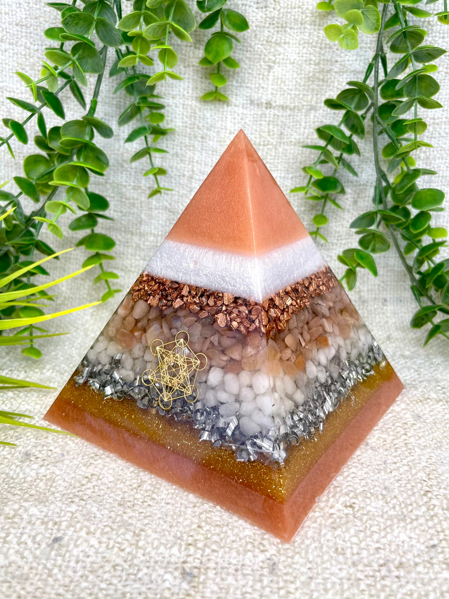 GEORGIA - Orgonite Pyramid - EMF Protector - Peach Moonstone, White Milky Quartz and Copper with Aluminum Metals