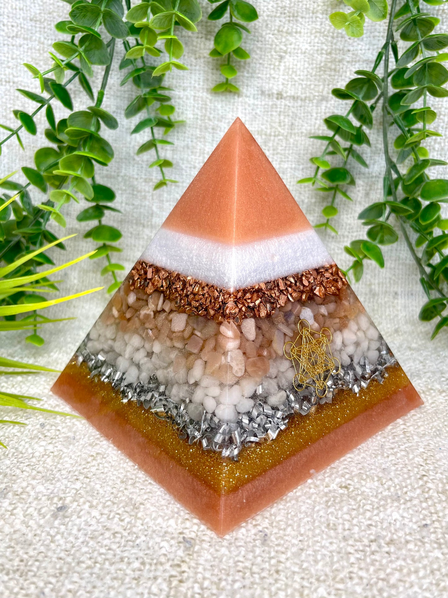 GEORGIA - Orgonite Pyramid - EMF Protector - Peach Moonstone, White Milky Quartz and Copper with Aluminum Metals