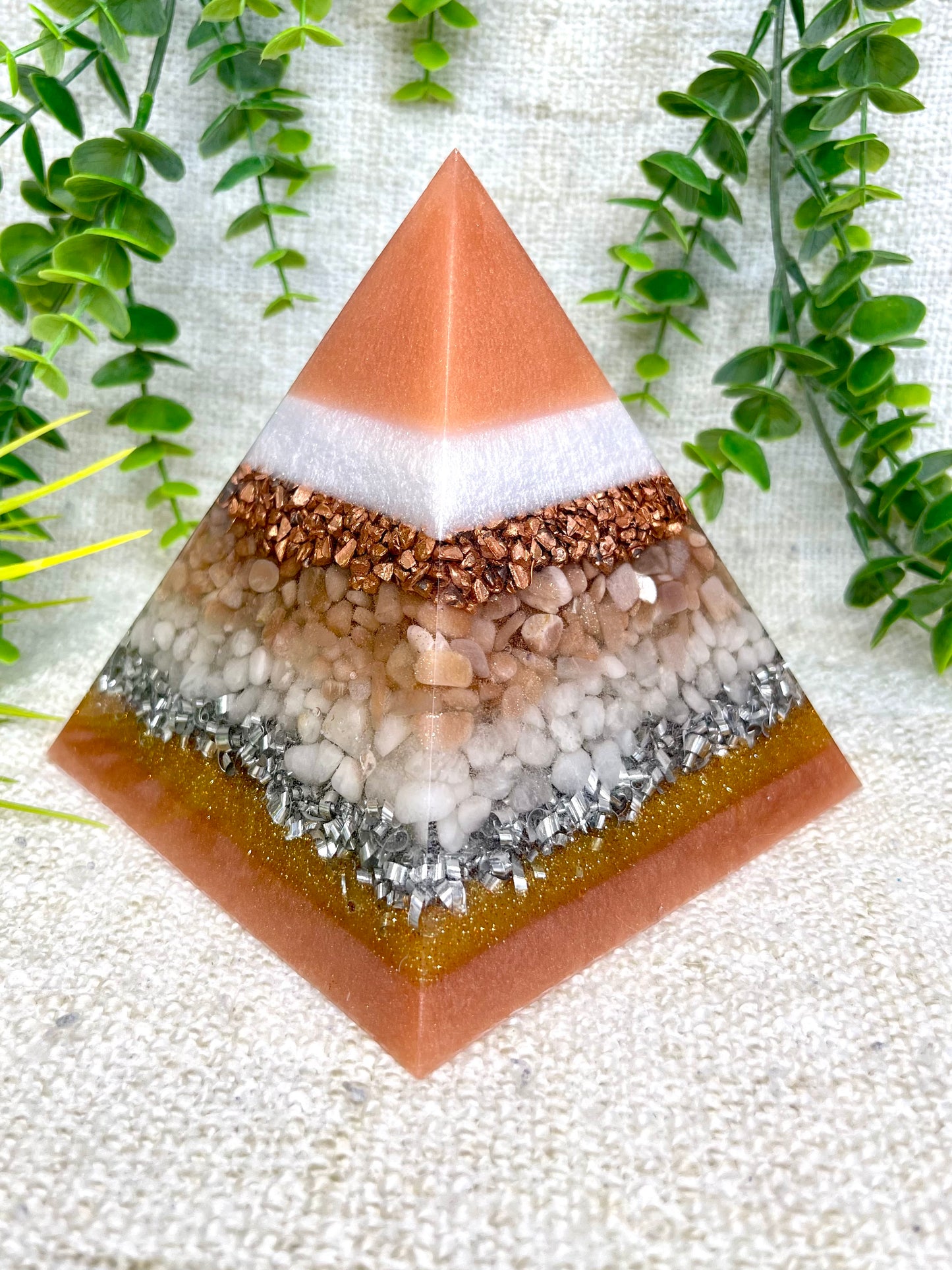 GEORGIA - Orgonite Pyramid - EMF Protector - Peach Moonstone, White Milky Quartz and Copper with Aluminum Metals