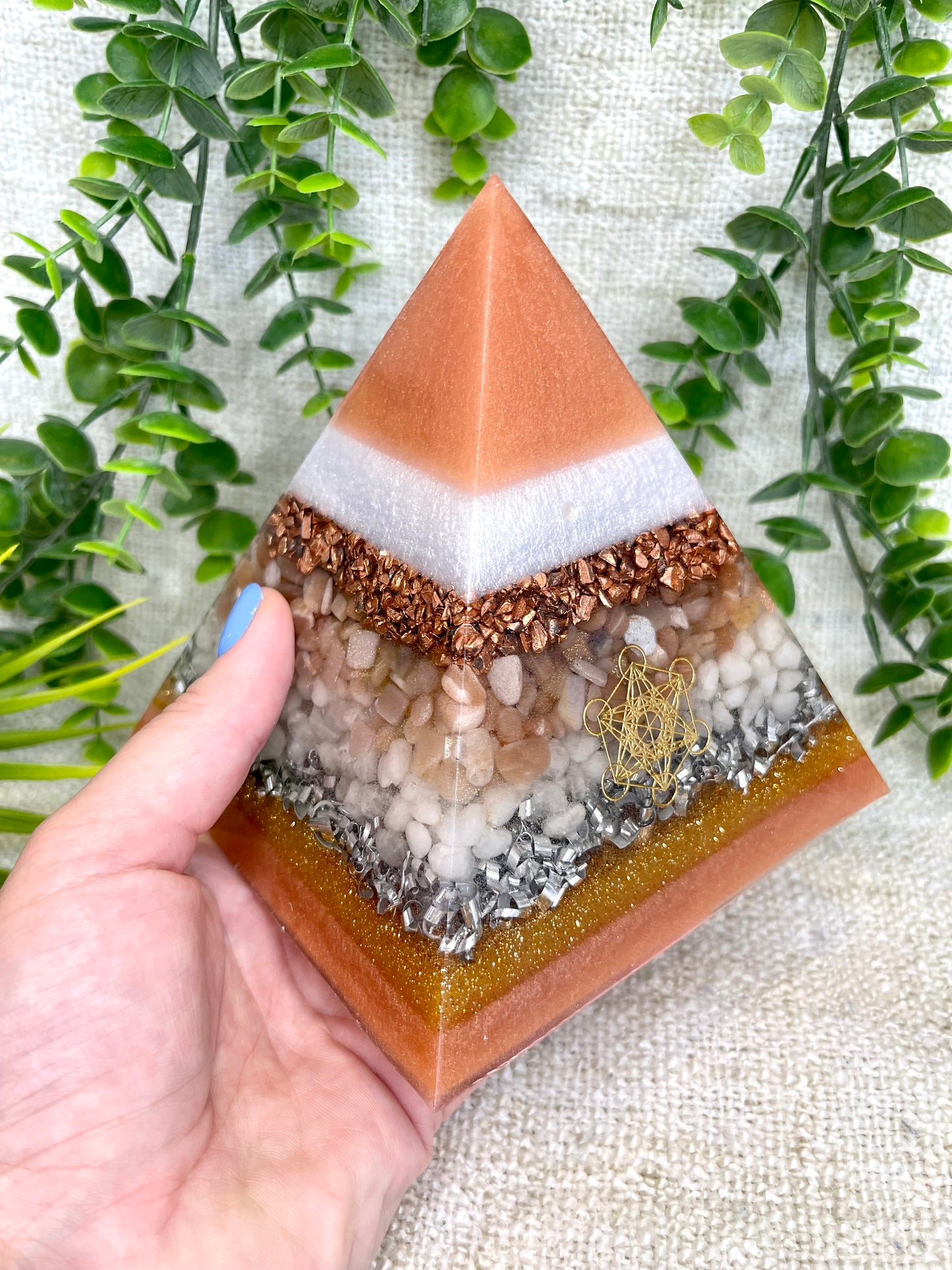 GEORGIA - Orgonite Pyramid - EMF Protector - Peach Moonstone, White Milky Quartz and Copper with Aluminum Metals