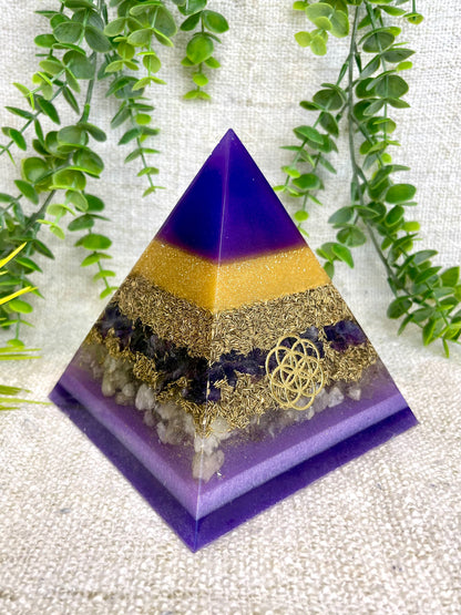 CHARLOTTE - Orgonite Pyramid - EMF Protector - Amethyst with Citrine and Brass Metals